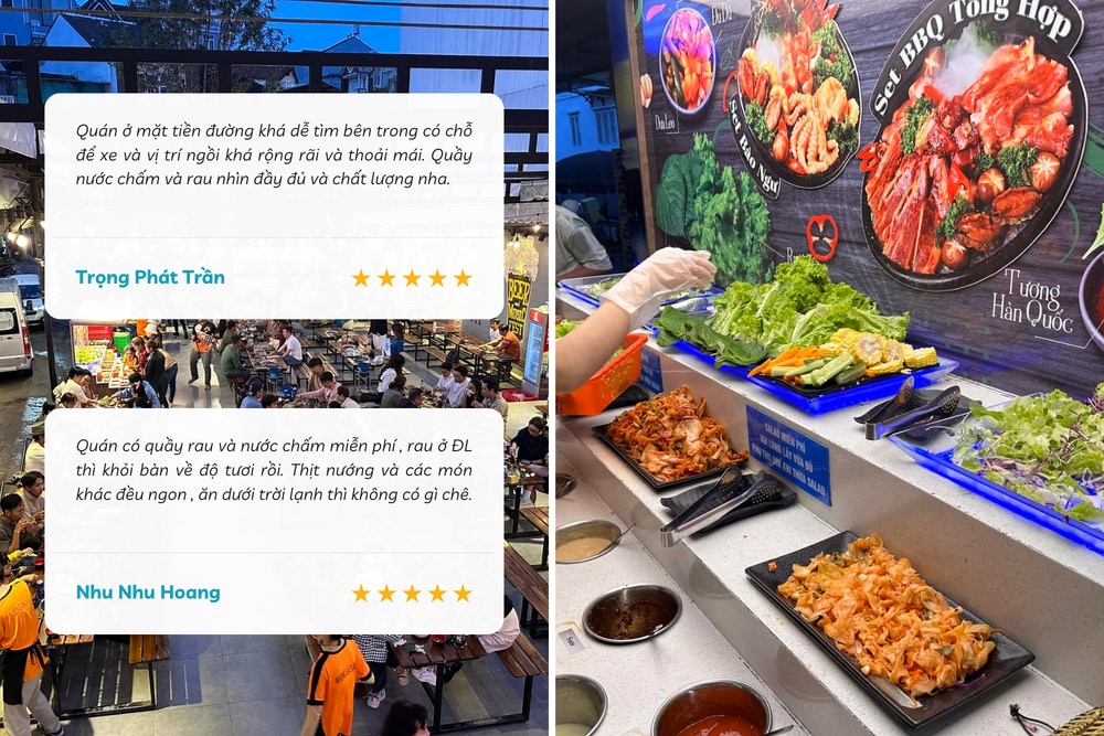 Nậm nướng có không gian rộng rãi, chỗ giữ xe thoải mái, nhân viên phục vụ tận tình và đặc biệt là quầy rau sống miễn phí